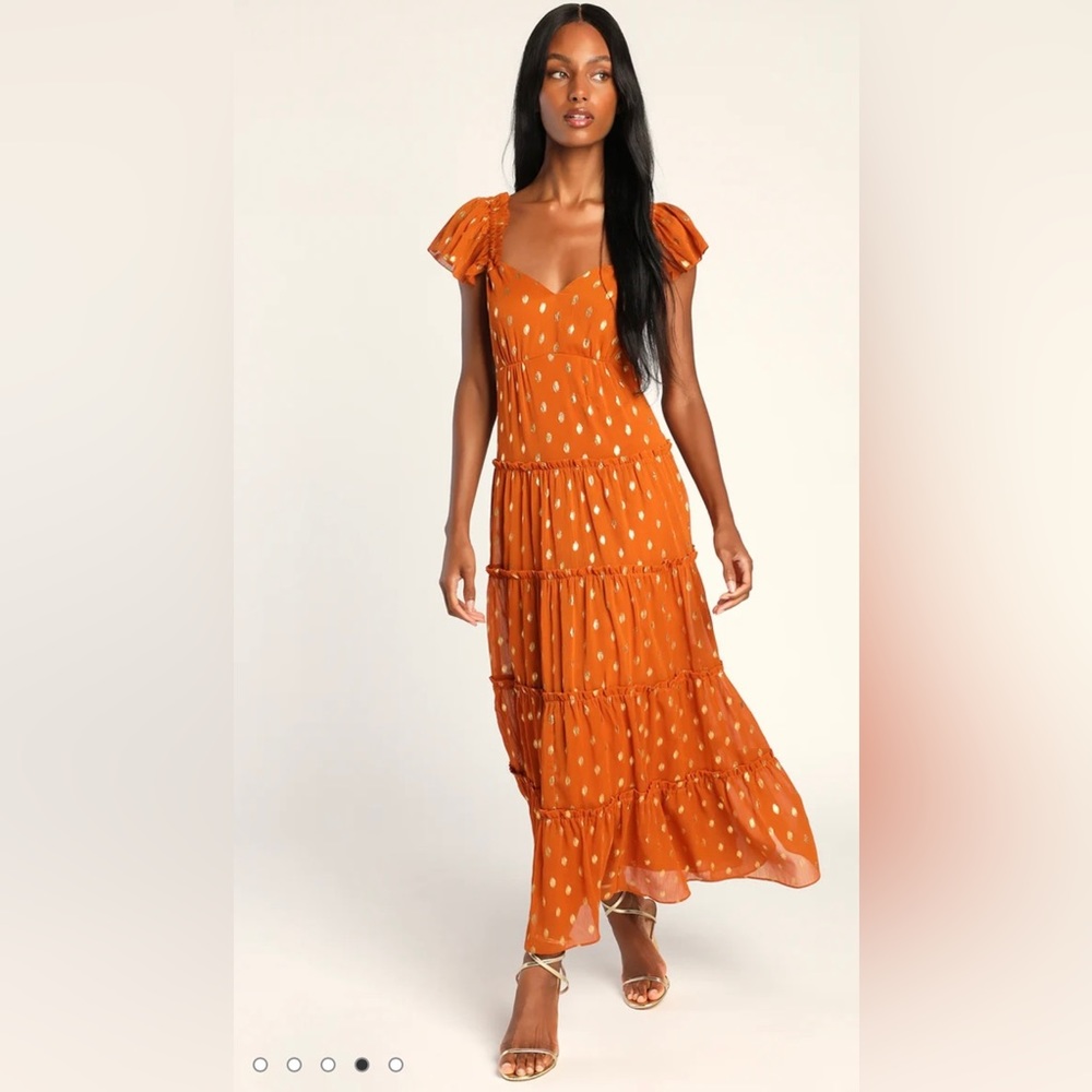 Rust Orange “Drops of Sunshine” Tiered Maxi Dress (Lulus)